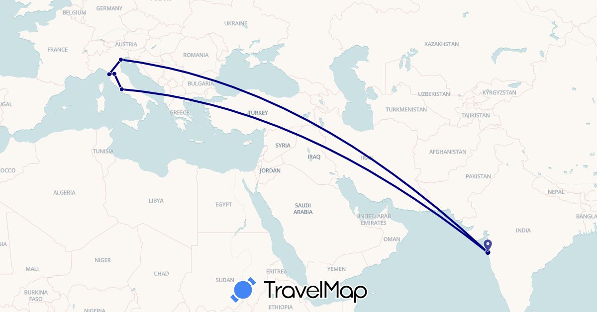 TravelMap itinerary: driving in India, Italy, Vatican City (Asia, Europe)
